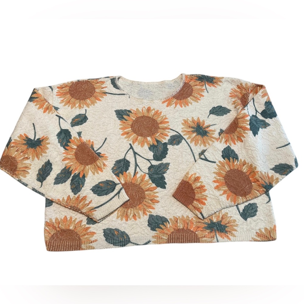Vintage 90s Knit Sweater Sunflower All-Over Pattern Boxy Fit see measurements